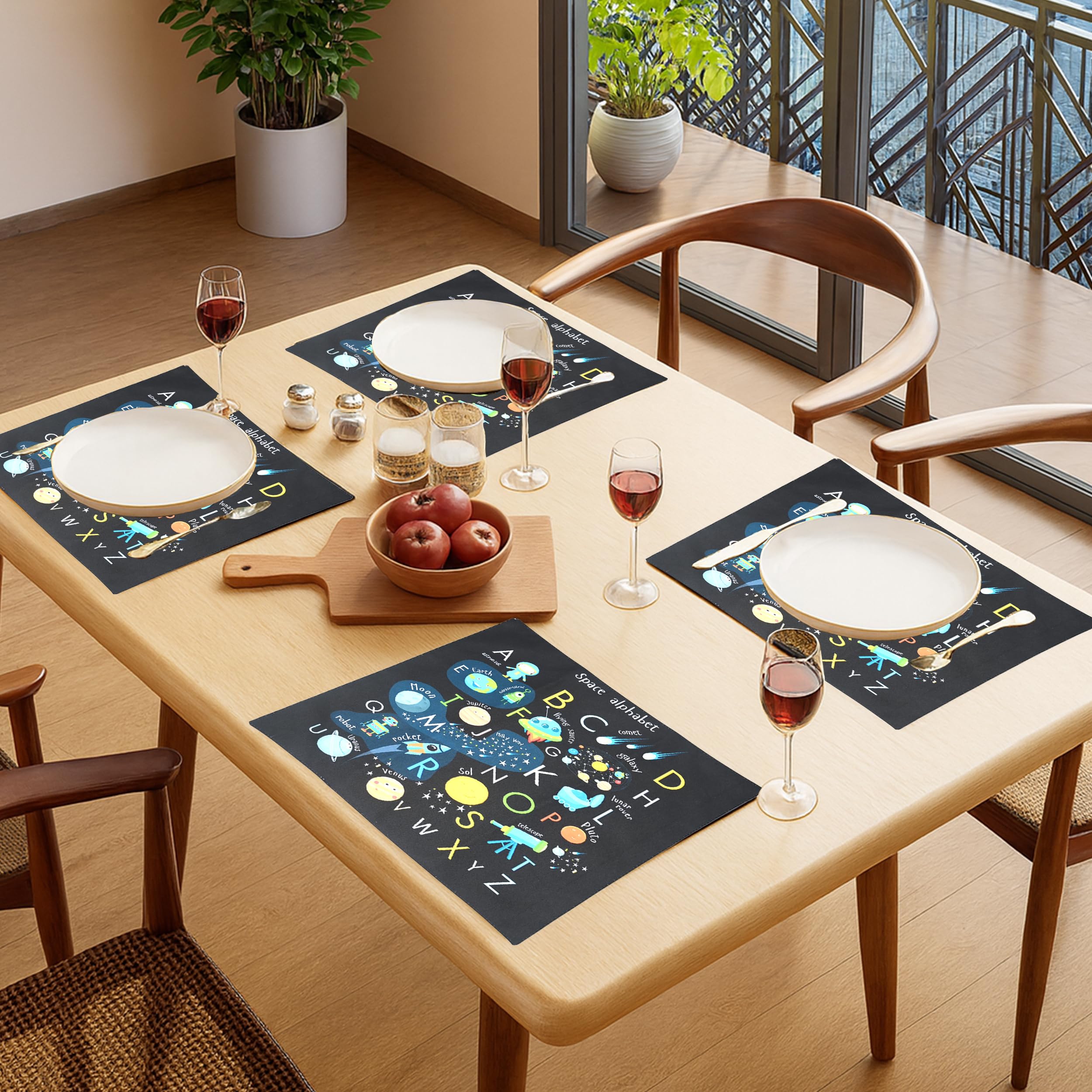 PRAKARTIK BY INDUARTS Dining Cloth Table Mats Set of 4 - Alphabet Kids Theme,Digital Print, Washable, Indoor/Outdoor, Heat-Proof, Water Resistant, Wipe & Clean (47X33 cm) Black Kafalo