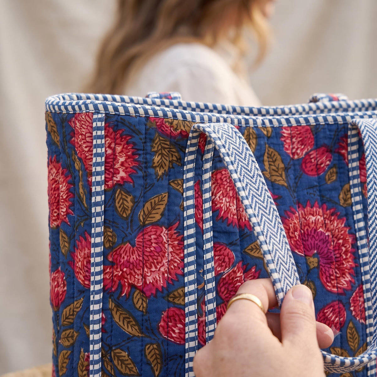THE CURIO STREET Premium Cotton Tote Bag with Zip Closure I Quilted I Hand Block I Women's Shopping/College/Office/Everyday Bag, Shoulder Bag, 16x16 (Floral; Deep Blue)