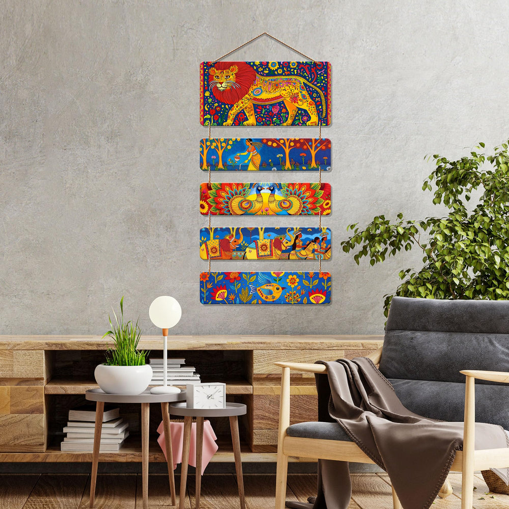 Artvibes Elephant Lion Peacock & Women Tribal Folk Art Decorative MDF Wooden Wall Art for Home | Wall Sculpture | Signs & Plaques | Handcrafted Art | Wall Poster | Art For Wall | Gifts (WH_6723N)