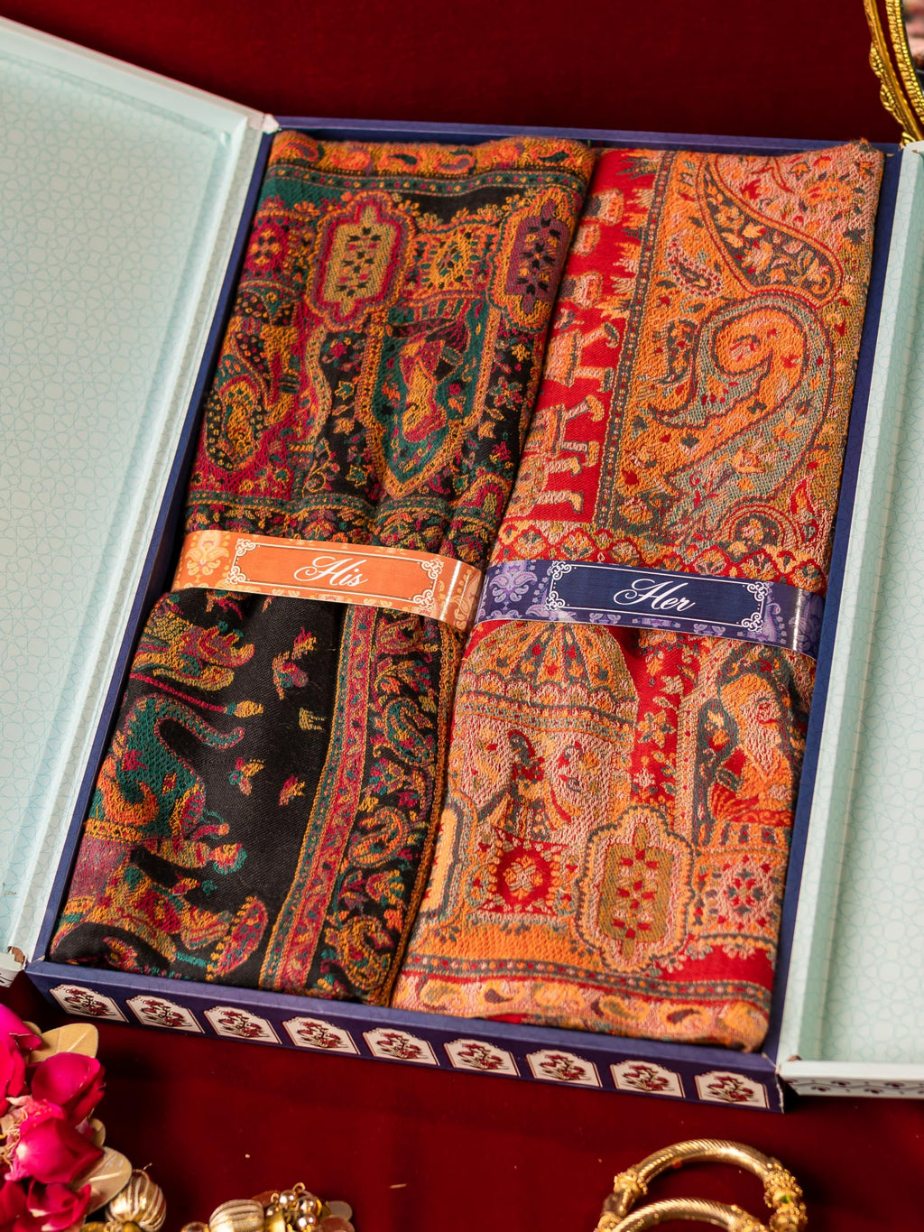 Pashmoda His and Her Gift Set of Kaani Shawls With Wooden Gift Box