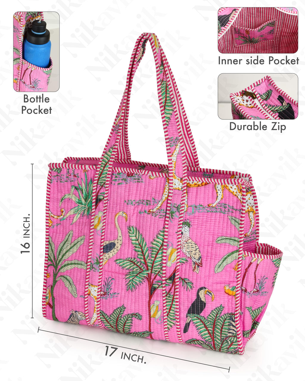 NIKAVIK 1 Tote Bags and 3 Pouch Quilted fabric Handblock Printed Tote Bag(with zip) and bottle compartment with Matching Pouches (Light Pink)