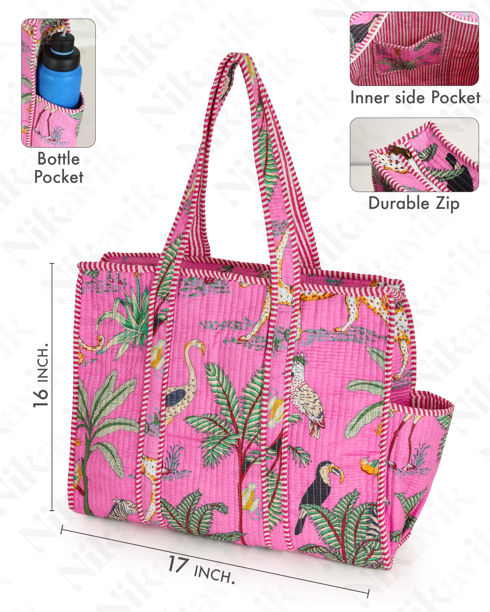 NIKAVIK 1 Tote Bags and 3 Pouch Quilted fabric Handblock Printed Tote Bag(with zip) and bottle compartment with Matching Pouches (Light Pink)