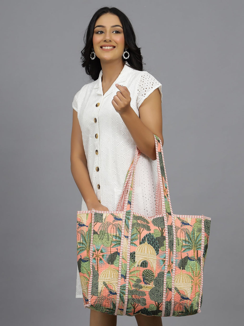 Ravaiyaa - Attitude is everything Women & Man Beautiful Printed Cotton Grocery Shopping Bag | Shoulder Bag | Cotton Tote Bag | Travel Tote Bags 18x5.5x16 Inch (Peach Peacock Garden)