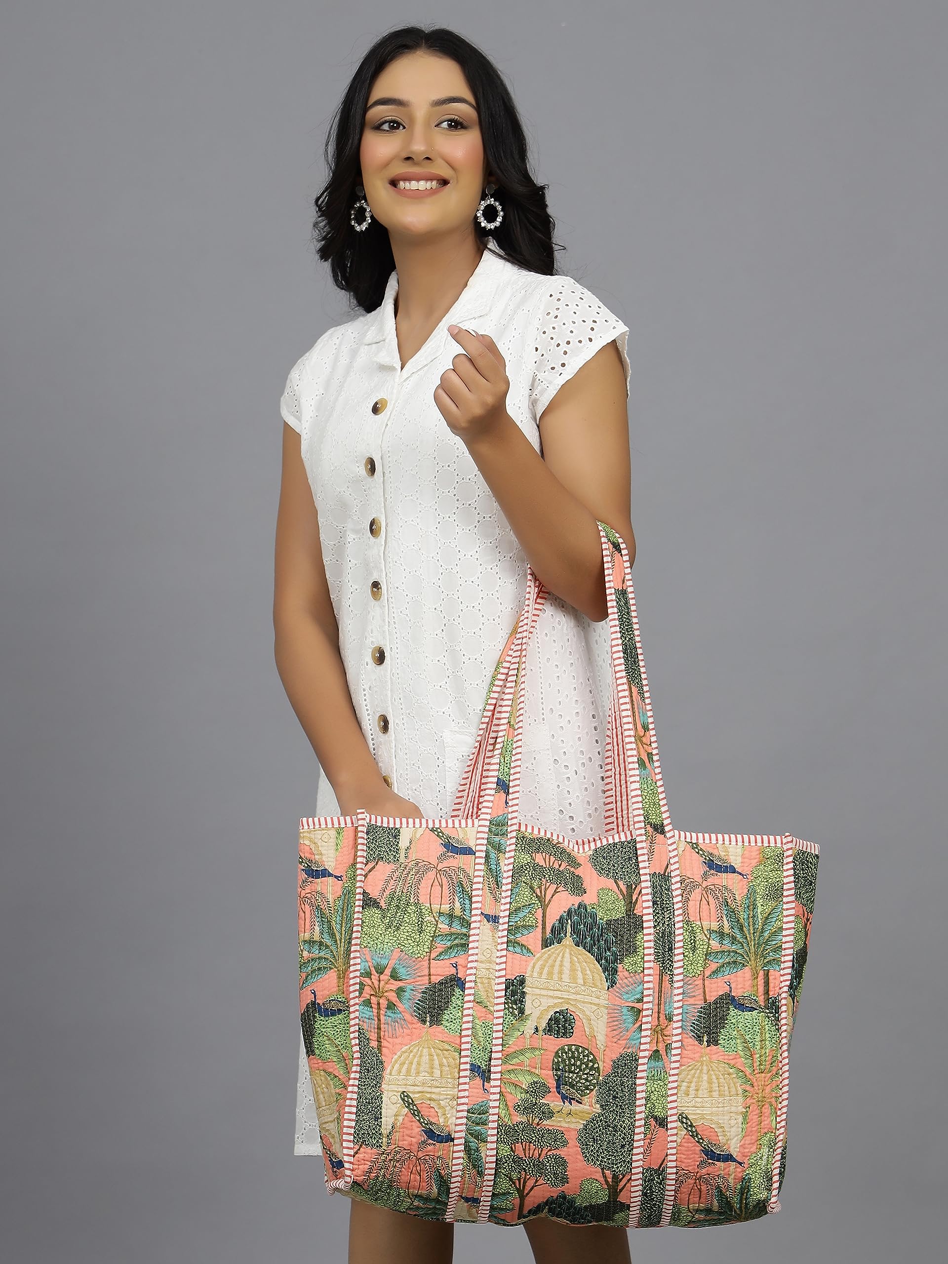 Ravaiyaa - Attitude is everything Women & Man Beautiful Printed Cotton Grocery Shopping Bag | Shoulder Bag | Cotton Tote Bag | Travel Tote Bags 18x5.5x16 Inch (Peach Peacock Garden)