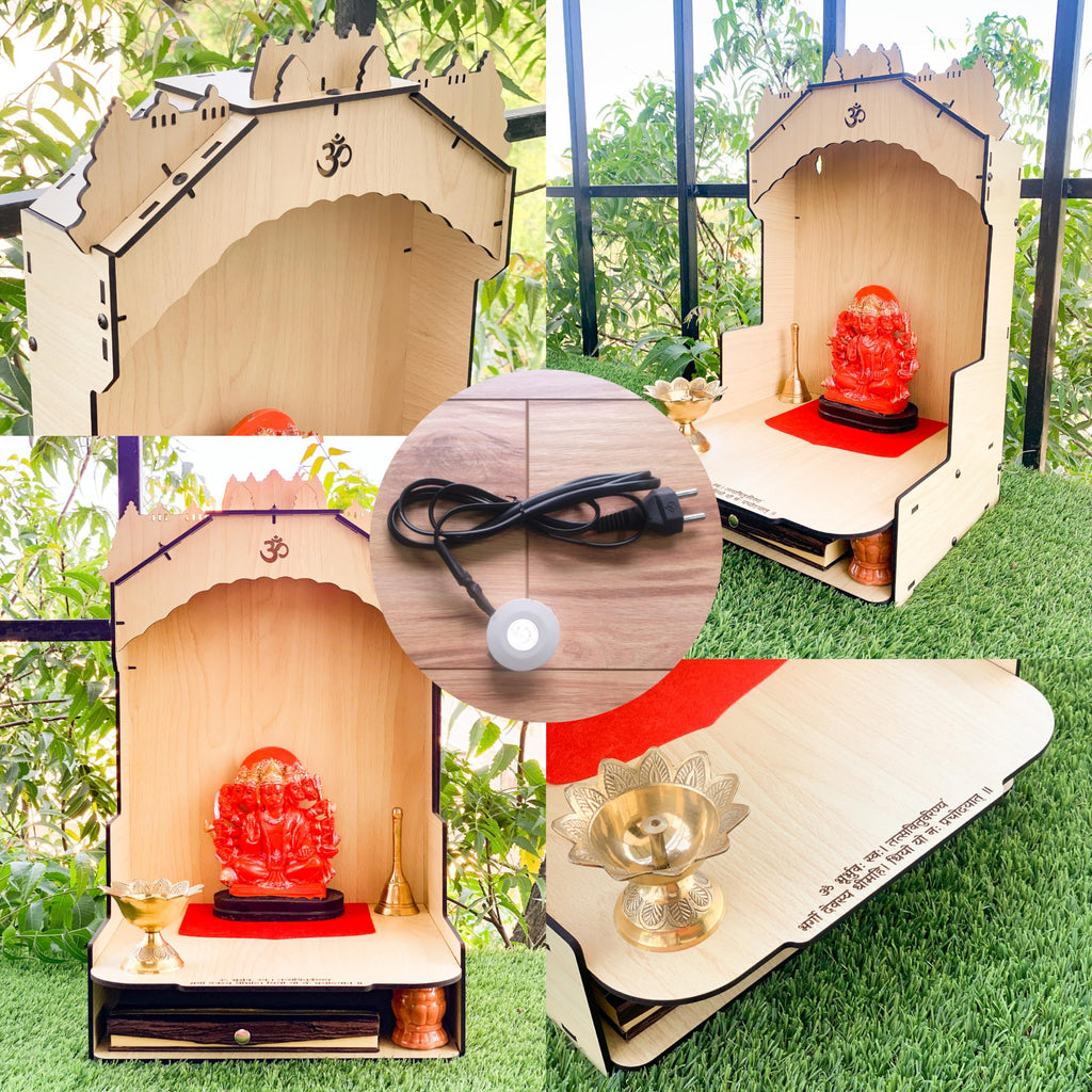Townside® Moksha Temple Wooden Pooja Mandir for Home & Office, Puja Stand for Floor & Wall with LED Light (H: 20, L: 12, W: 12 inches) Traditional Beige