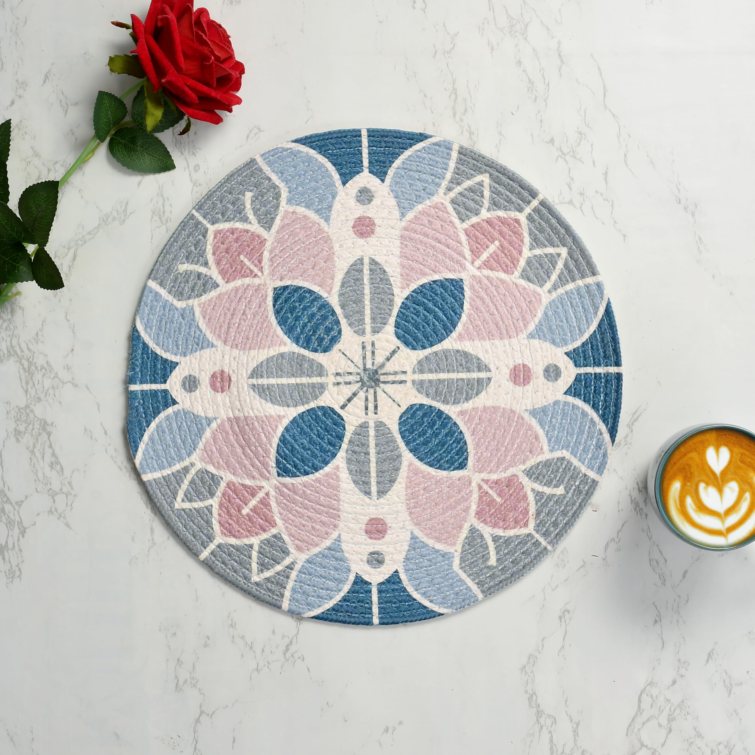 LaVichitra Cotton Table Placemat | Dining Table Mat | Bed Side Table Mat | Cotton Round Shape Placemats | Washable PlaceMat for Shelves & Plant Pots - Pack of 2, Bohemian Kafalo