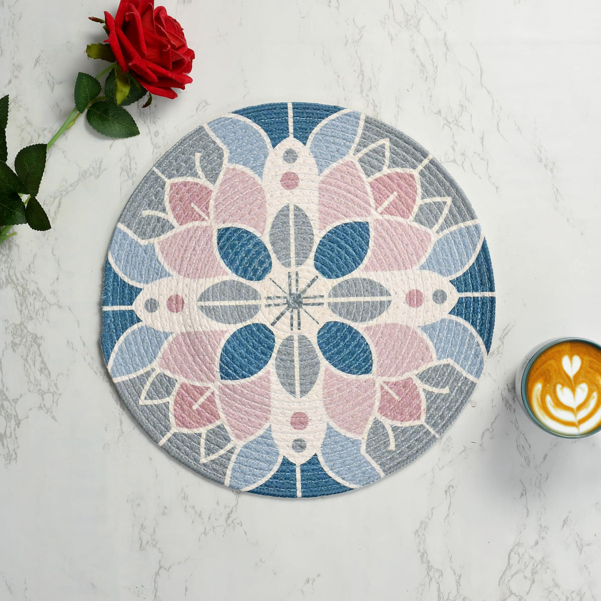 LaVichitra Cotton Table Placemat | Dining Table Mat | Bed Side Table Mat | Cotton Round Shape Placemats | Washable PlaceMat for Shelves & Plant Pots - Pack of 6, Bohemian Kafalo