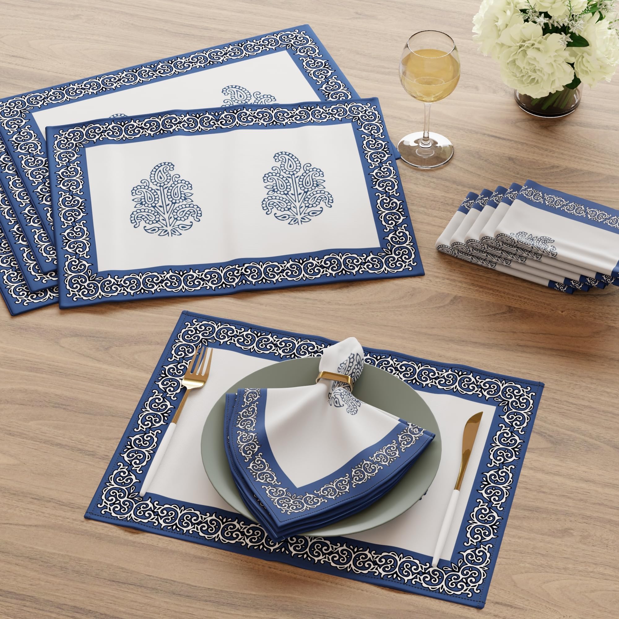 Encasa XO Dining Table Mats, Cotton Placemats, Cloth Napkins Set Indigo-01 Kafalo