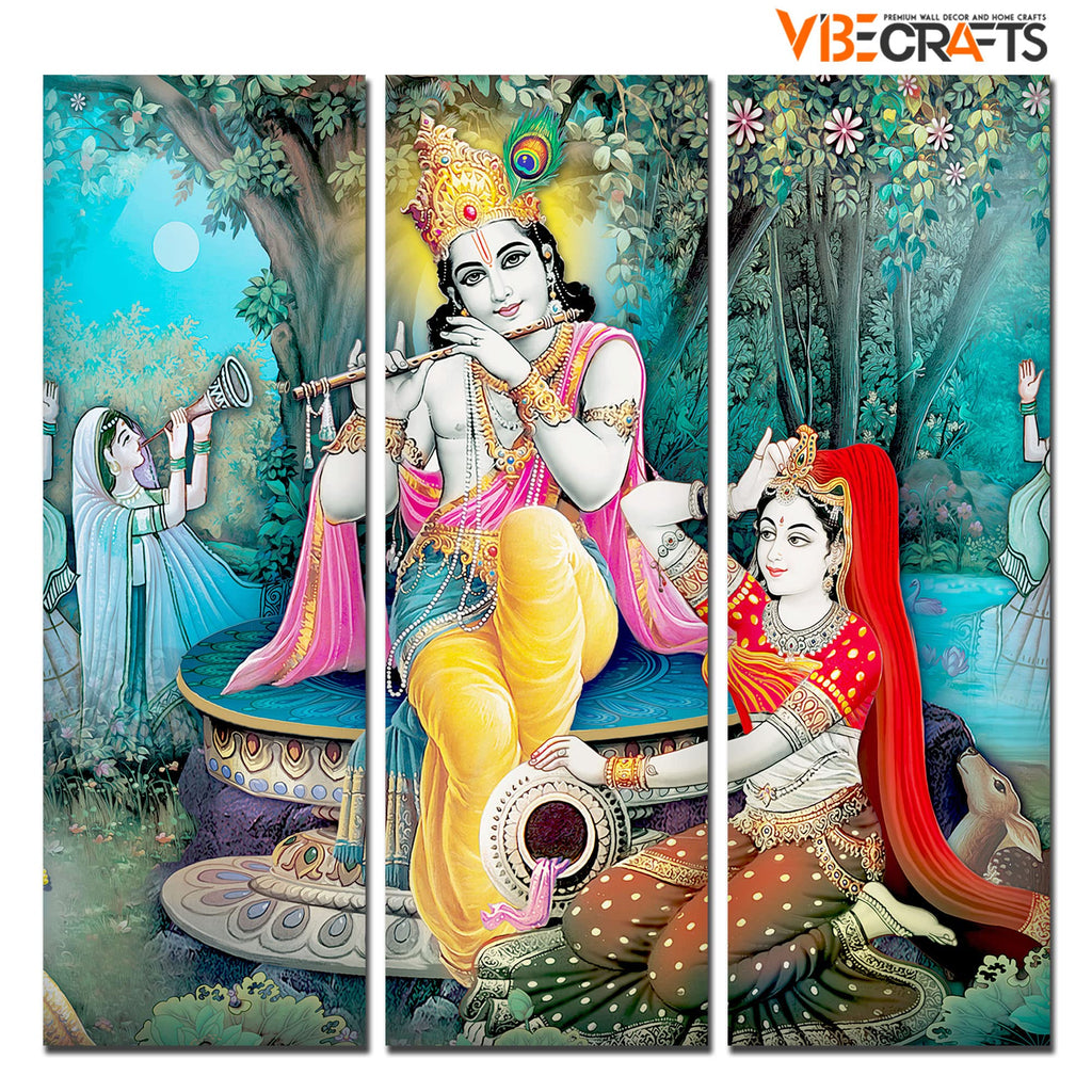 VIBECRAFTS 3 Pieces Shree Krishna In Vrindavan Canvas Wall Painting Fitted With Wooden Frame For Home | Office | Living Room | Gifts (PTVC3Pcs1_9547)