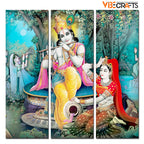 VIBECRAFTS 3 Pieces Shree Krishna In Vrindavan Canvas Wall Painting Fitted With Wooden Frame For Home | Office | Living Room | Gifts (PTVC3Pcs1_9547)