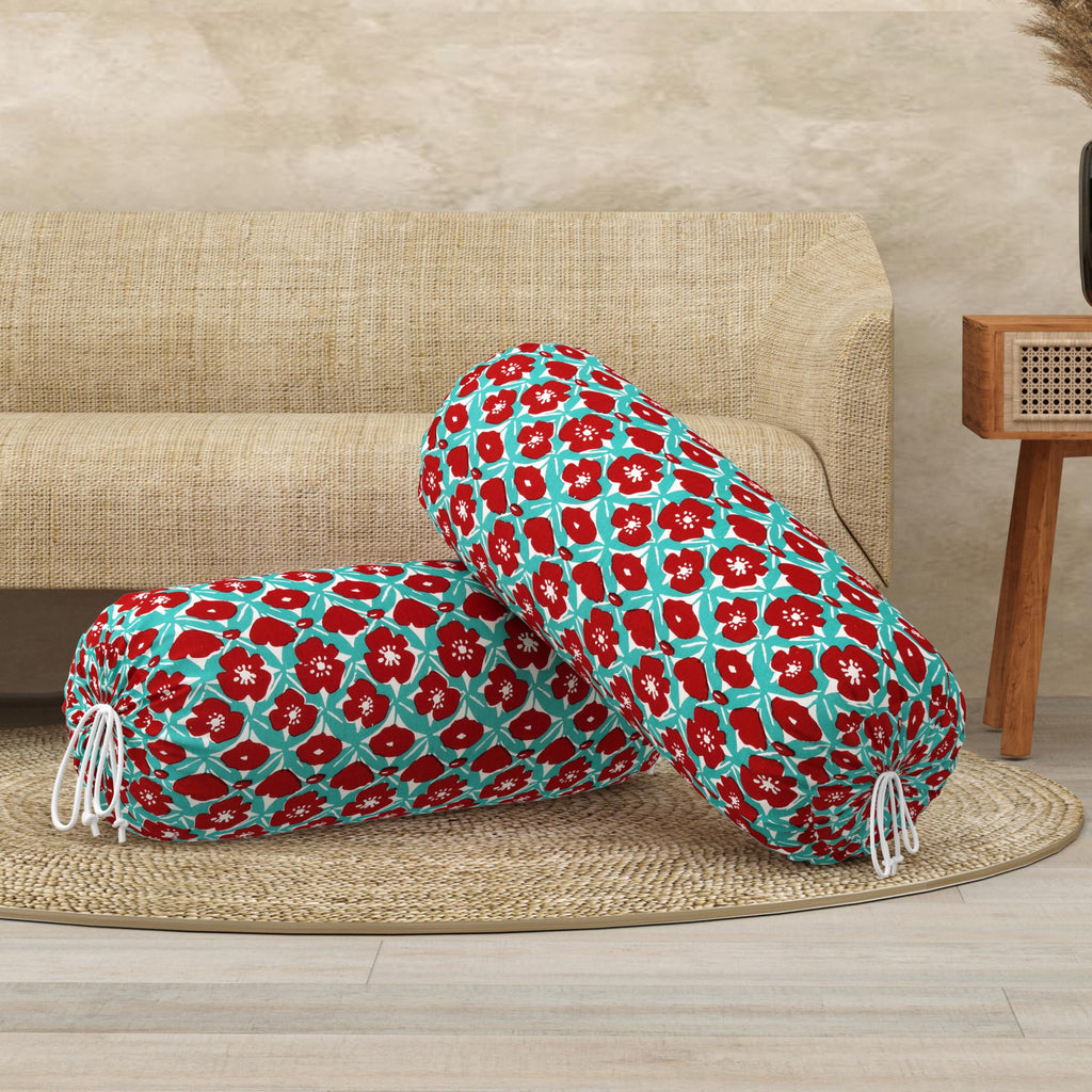 BLOCKS OF INDIA Cotton Hand Block Printed Bolster Cover | Booster Cover with Drawstring | Round Long Pillow Cover for Bed | Dewan Pillow Cover Set 16 X 32 | Set of 2 (Turq Flower)