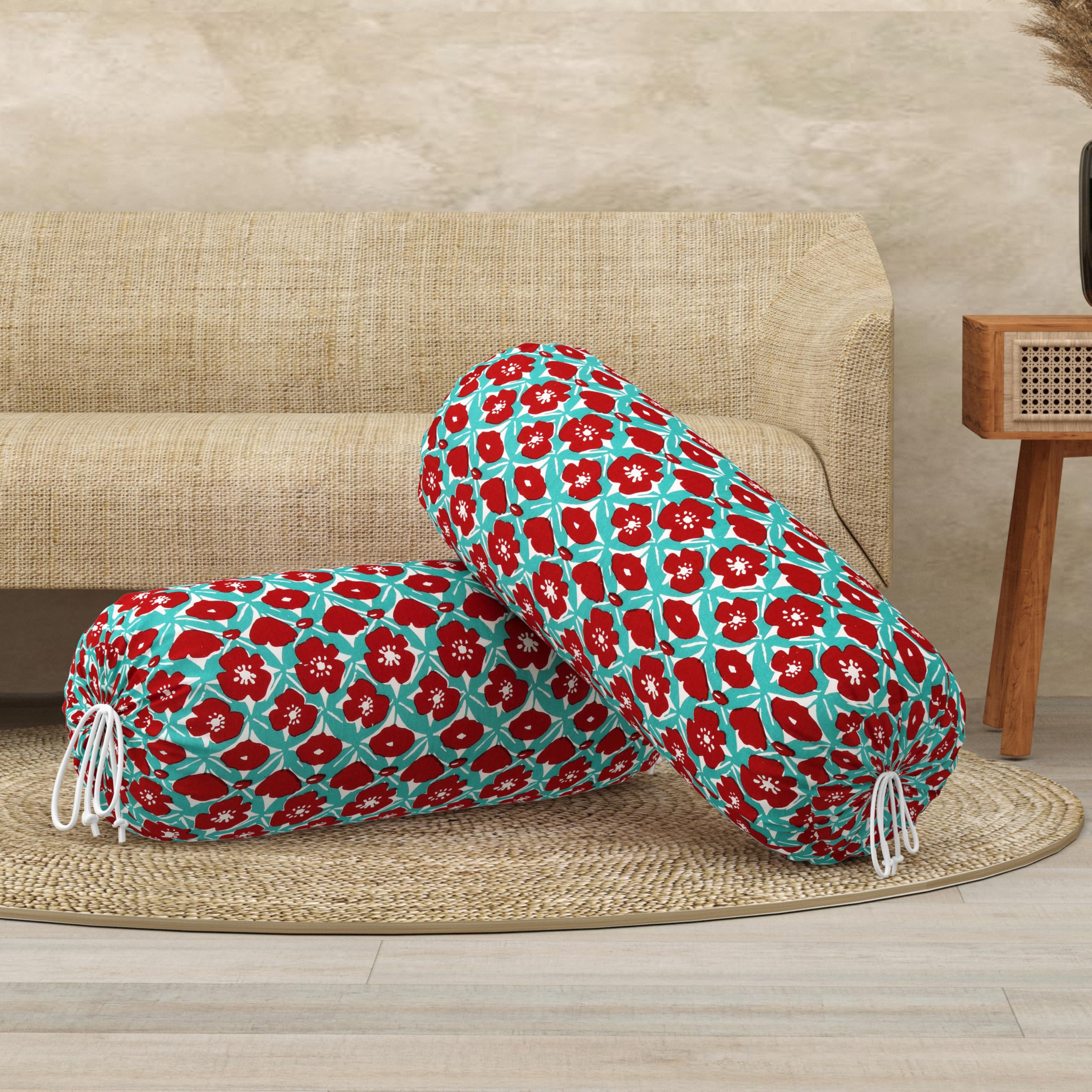 BLOCKS OF INDIA Cotton Hand Block Printed Bolster Cover | Booster Cover with Drawstring | Round Long Pillow Cover for Bed | Dewan Pillow Cover Set 16 X 32 | Set of 2 (Turq Flower)
