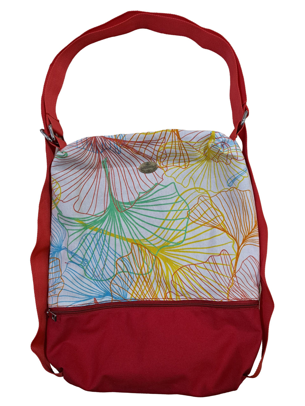 Fabjute Stylish Canvas Zipped Convertible 2in1 Shoulder Tote Handbag and Backpack with cotton lining, useful as a Travel, Shopping, Gym, Tuition Bag (RedHorizontalPattern)
