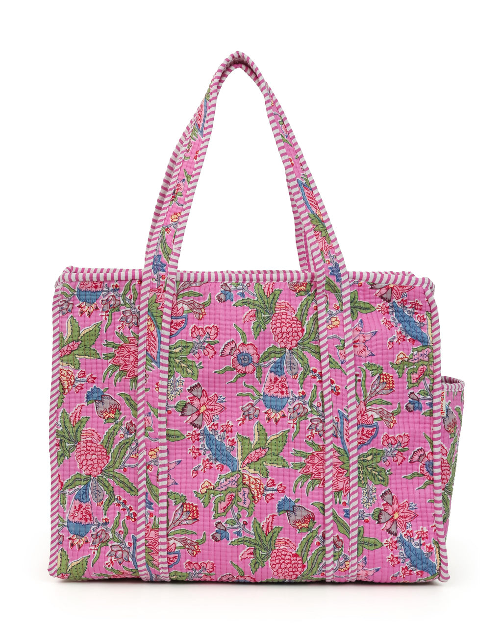 NIKAVIK Quilted Cotton Jaipuri Tote bag (with seperate Bottle Pocket & Zip) – Exotic Animal Print Foldable and Ideal for Travel Shopping Beach Trips or Daily Essentials (Pink Multi)