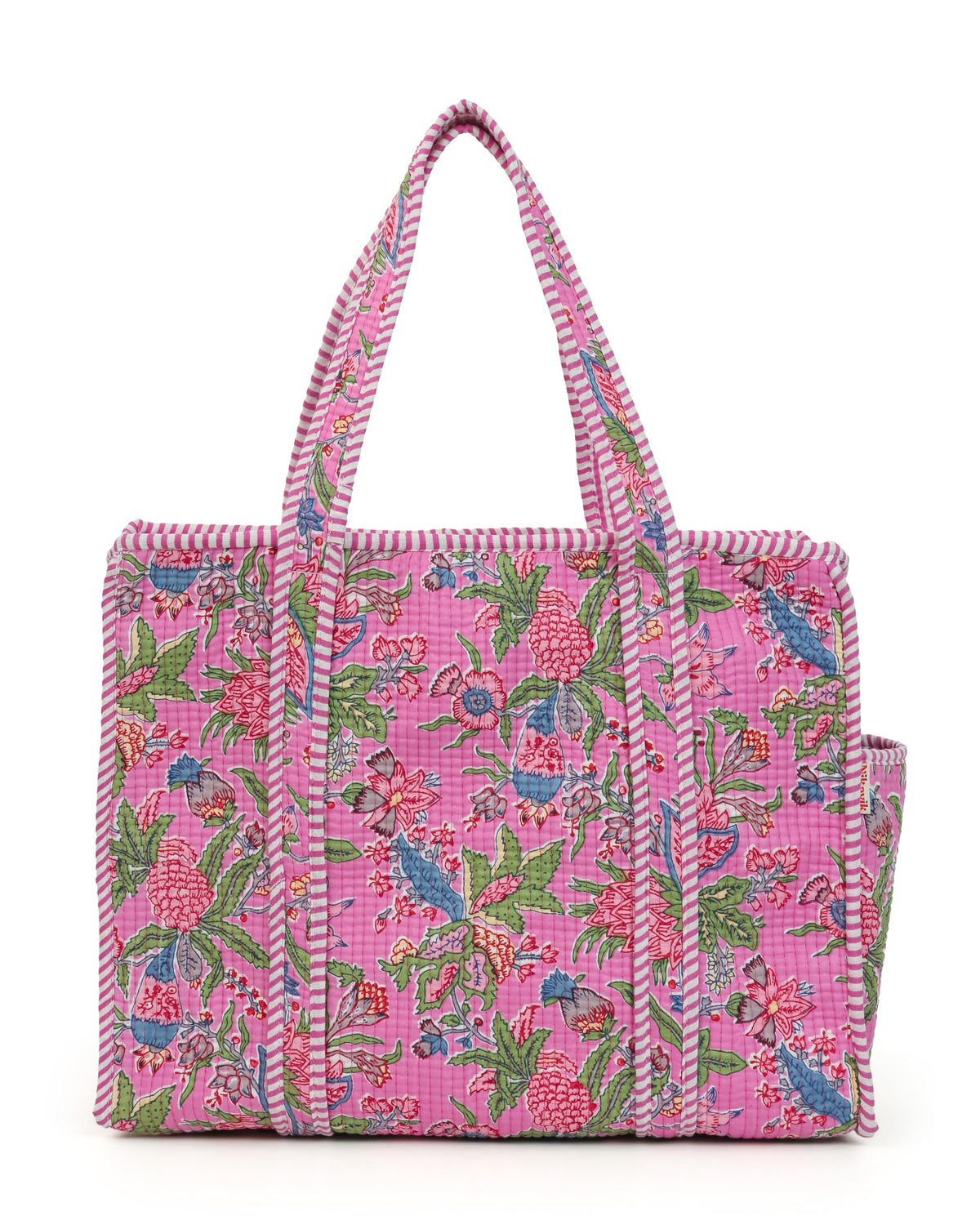 NIKAVIK Quilted Cotton Jaipuri Tote bag (with seperate Bottle Pocket & Zip) – Exotic Animal Print Foldable and Ideal for Travel Shopping Beach Trips or Daily Essentials (Pink Multi)