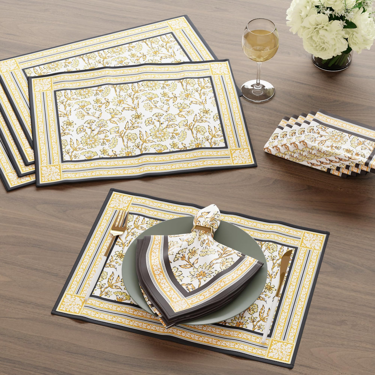 Encasa XO Dining Table Mats, Cotton Placemats, Cloth Napkins Set Yellow-02 Kafalo