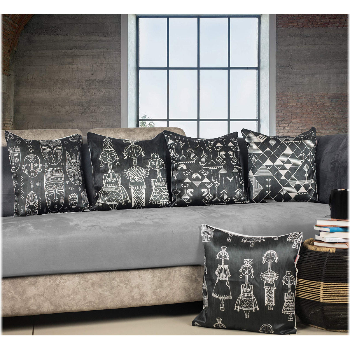 Vendola Decorative Satin Sofa Cushion Covers Set of 5, 20 Inch x 20 Inch, Sofa Cushion Pillow Cover, Black and White Colour, Tribal Design, Zipper Closure (Tribal, 20X20 Inches)