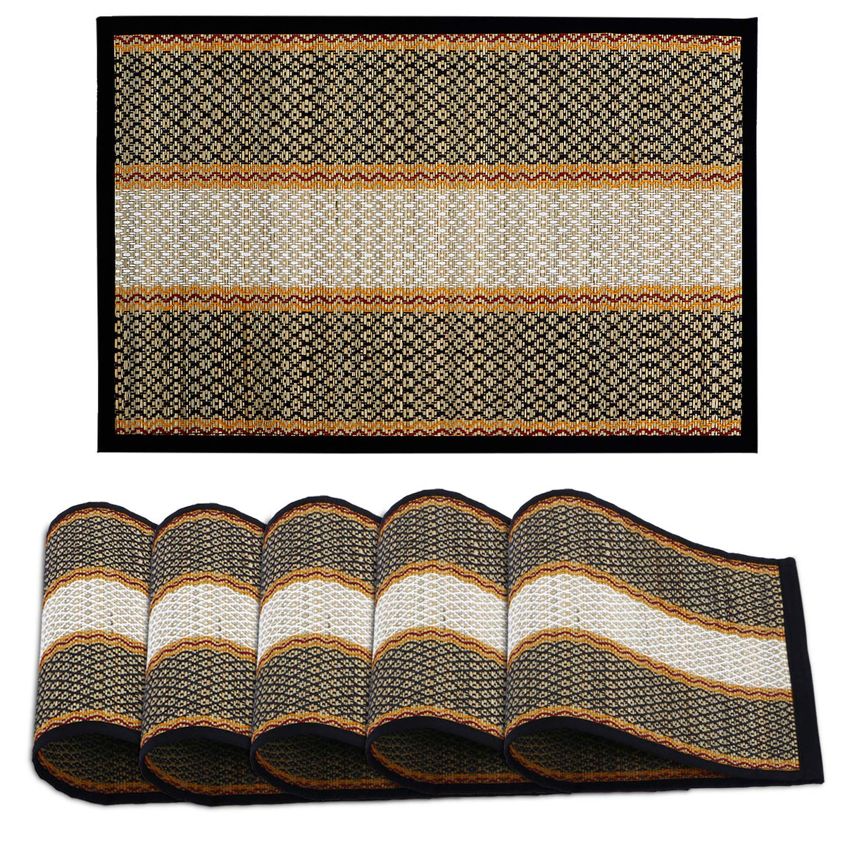Hokipo Handcrafted Madurkathi Heat Resistant Table Placemats Set Of 6 For Dining Table, 12X18 Inches - Black - River Grass Kafalo