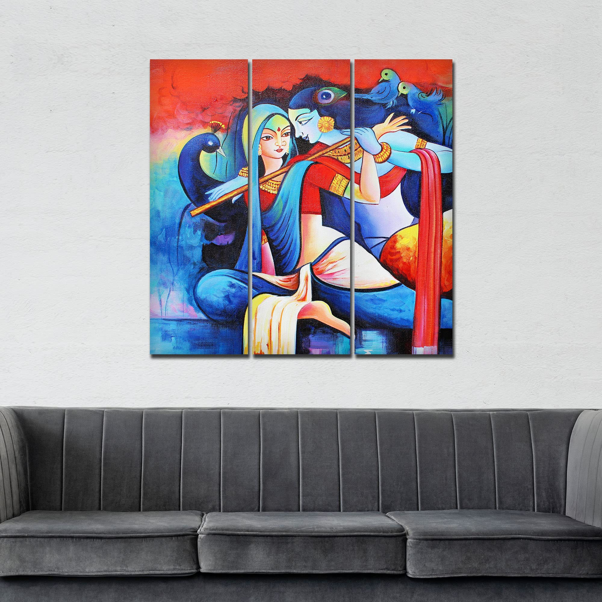VIBECRAFTS 3 Pieces Radha Krishna Playing Flute Canvas Wall Painting Fitted With Wooden Frame For Home | Office | Living Room | Gifts (PTVC3Pcs1_9543)
