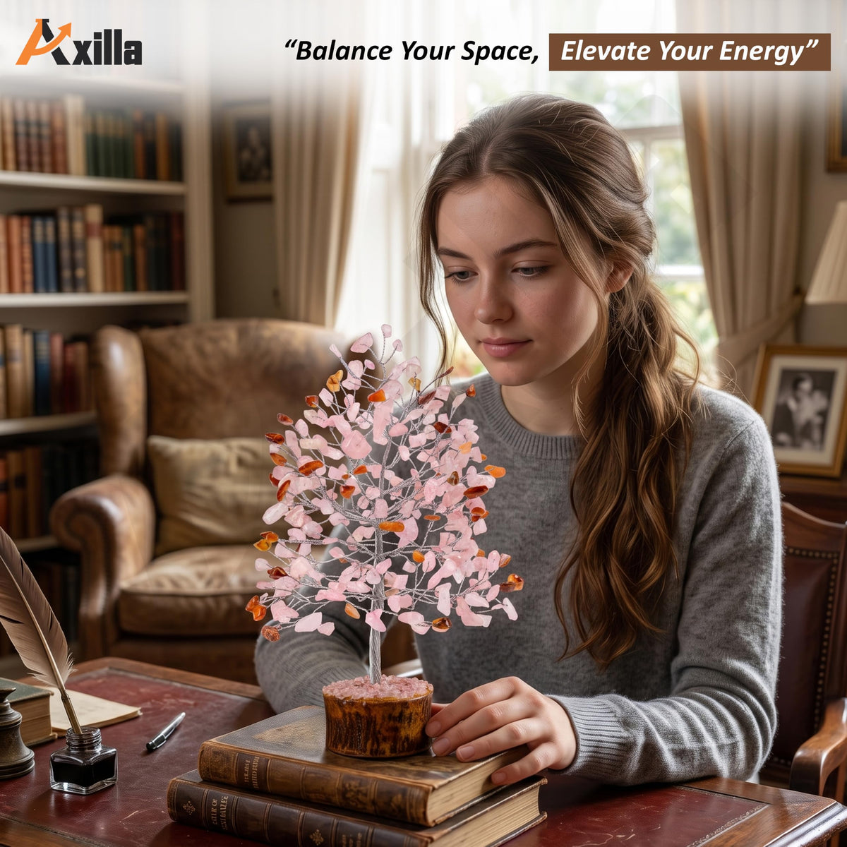 Axilla Natural Rose Quartz Crystal Tree with Wooden Base | Heart Chakra Healing Pink Stone Tree of Life | Feng Shui Romantic Room Decor & Positive Energy Good Luck Gift for Couples
