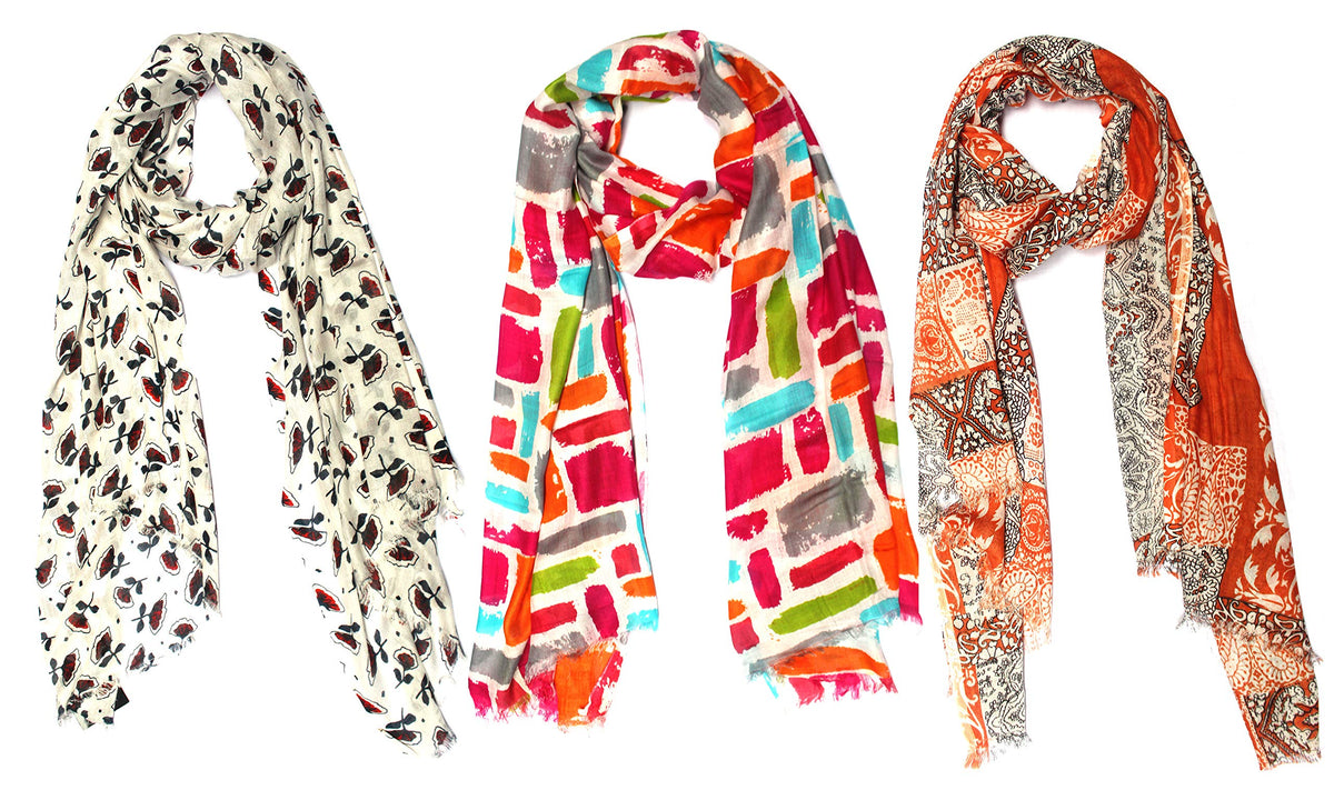 bratkrok WOMEN'S TRENDY FLORAL PRINTED RAYON SCARVES/STOLES MULTICOLOUR (PACK OF 3)