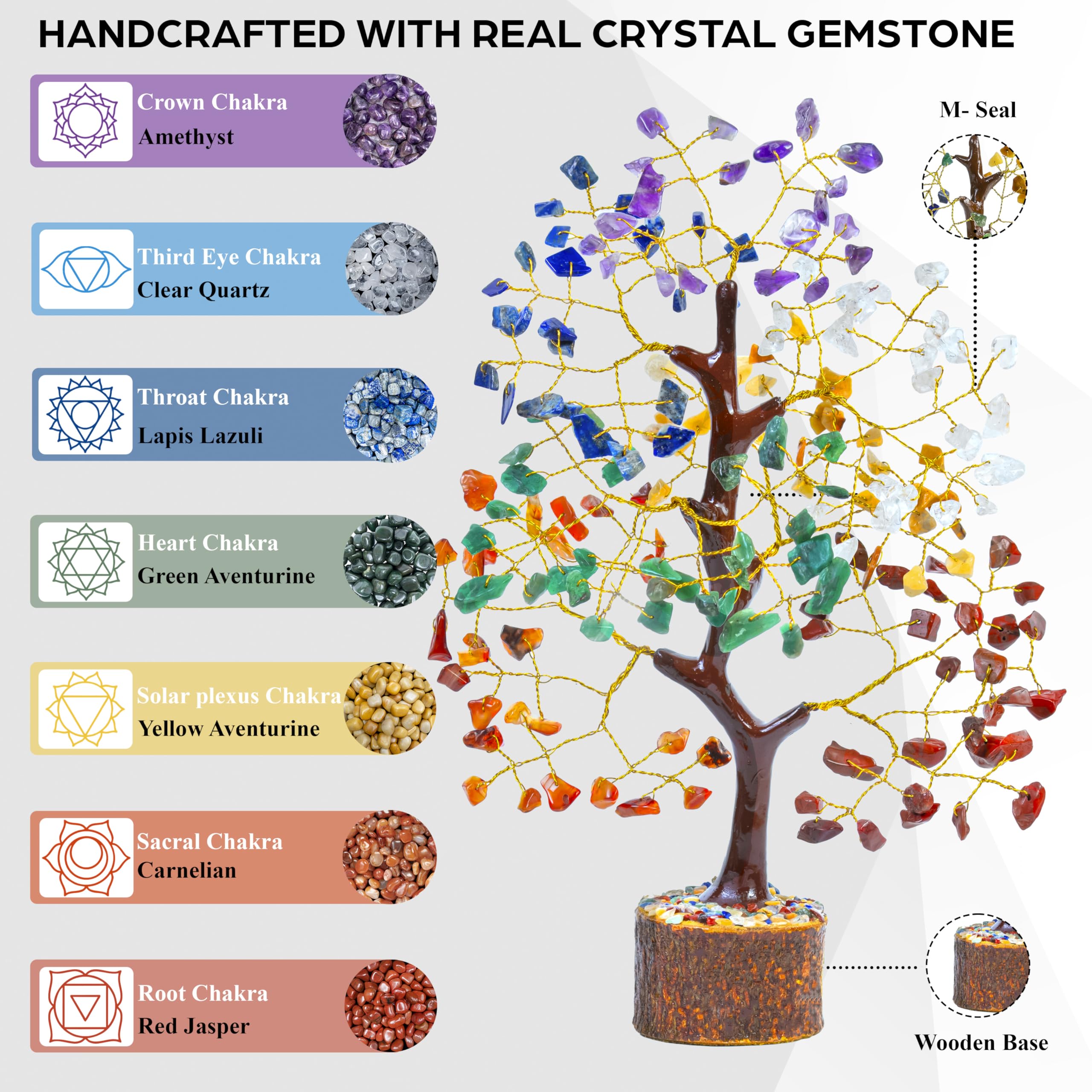 HindCraft Chakra Tree for Positive Energy & Healing | Feng Shui Seven Chakra Tree of Life with Crystals & Stones | Home Décor for Living Room & Spiritual Spaces