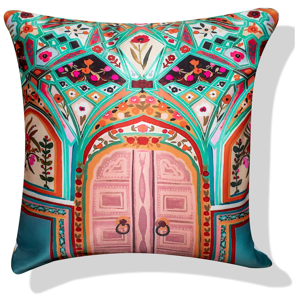 Vendola Decorative Satin Sofa Cushion Covers Set of 5, 20 Inch x 20 inch, Sofa Pillow Cover, Ethnic Festive, Multicolor, Palace, Rajasthani Design Zipper Closure (Dwars, 20X20 Inches)