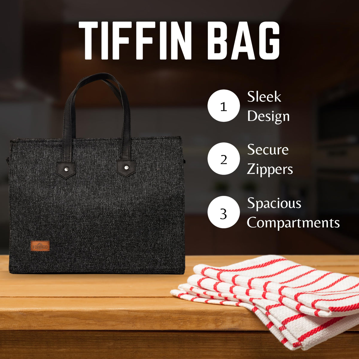 FOHOGO Jute Bag for Unisex | Lunch Bag/Tiffin Bag/Carry Bag/Jute Bag | Tote Bag for office (Black, Large (12”x16”x7”))