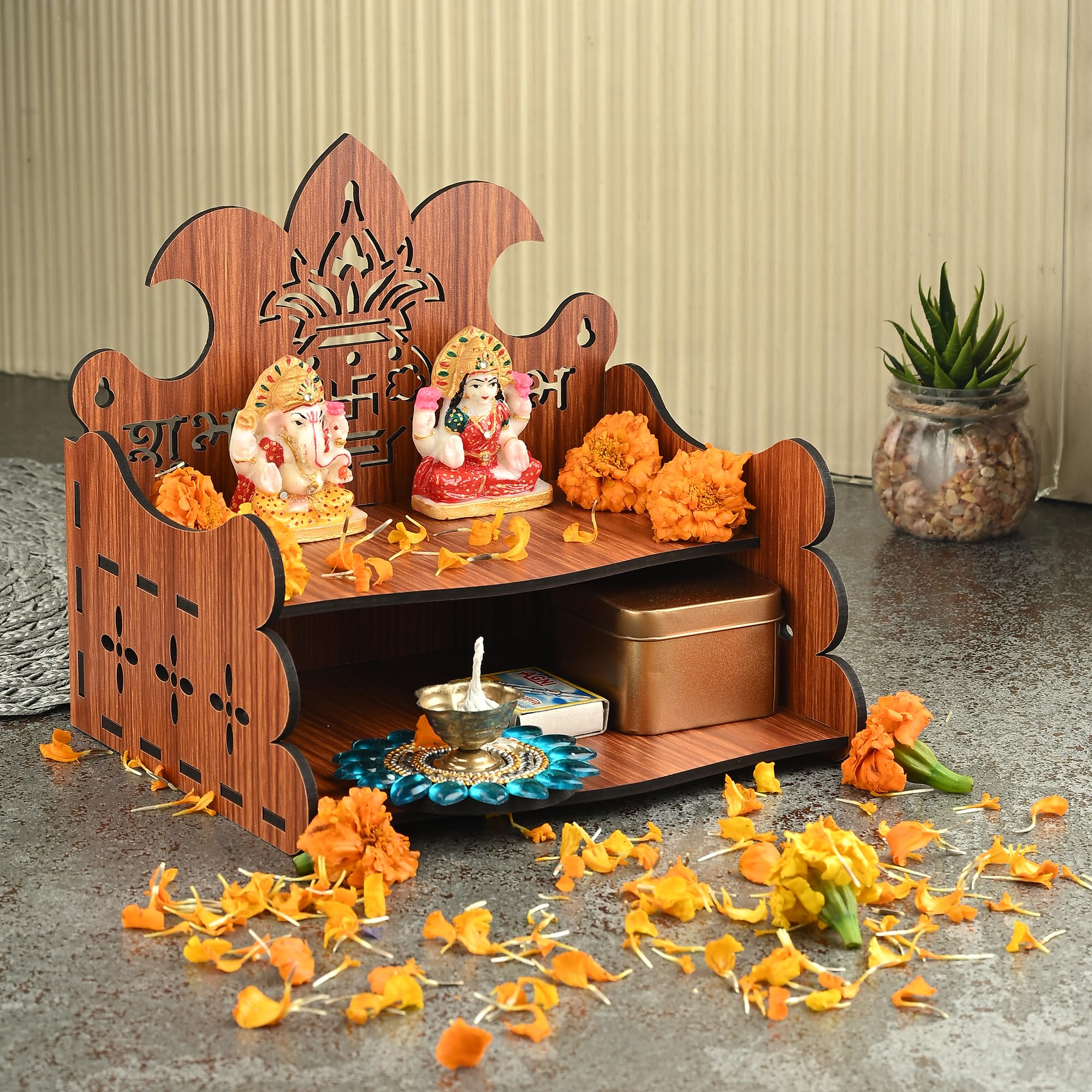 ZUPER Engineered Wood Hand Crafted Carved Pattern Home Temple for Idols Temple for Home and Office I OM Engraving | Set Top Box Stand I Wooden Mandir (Pack of 1) (Medium, Style36)