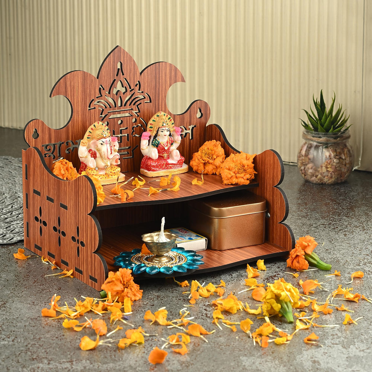 Gojeeva Wood Hand Crafted Om Pattern Home Temple for Puja Temple for Home and Office l Puja Mandir l Wooden Mandir l Puja Shelve (Brown-1) (Pack of 1)