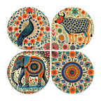 Artvibes Folk Fusion Wooden Art Decoration Item for Living Room | Wood Decorative Items | Modern Decoration | Artwork | Festive Decor | Wall Poster | Handcrafted Art | Unique Gift (WH_8446N), Set of 4