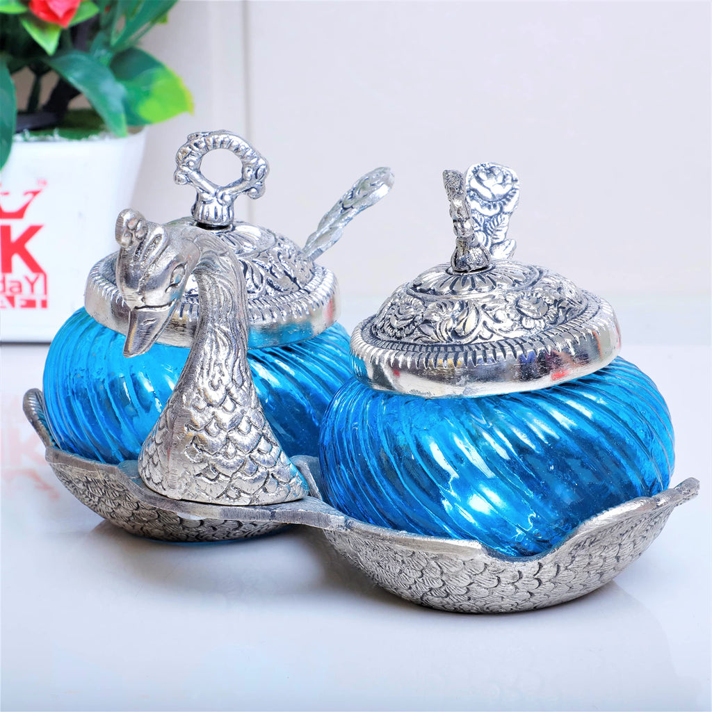 KridayKraft Metal Double Duck Shape Glass Bowl with Spoon for Saunf Supari & Dryfruit Tray Home Office Table Decor & Gift Item Decorative Showpiece for Decoration & Gifting Purpose