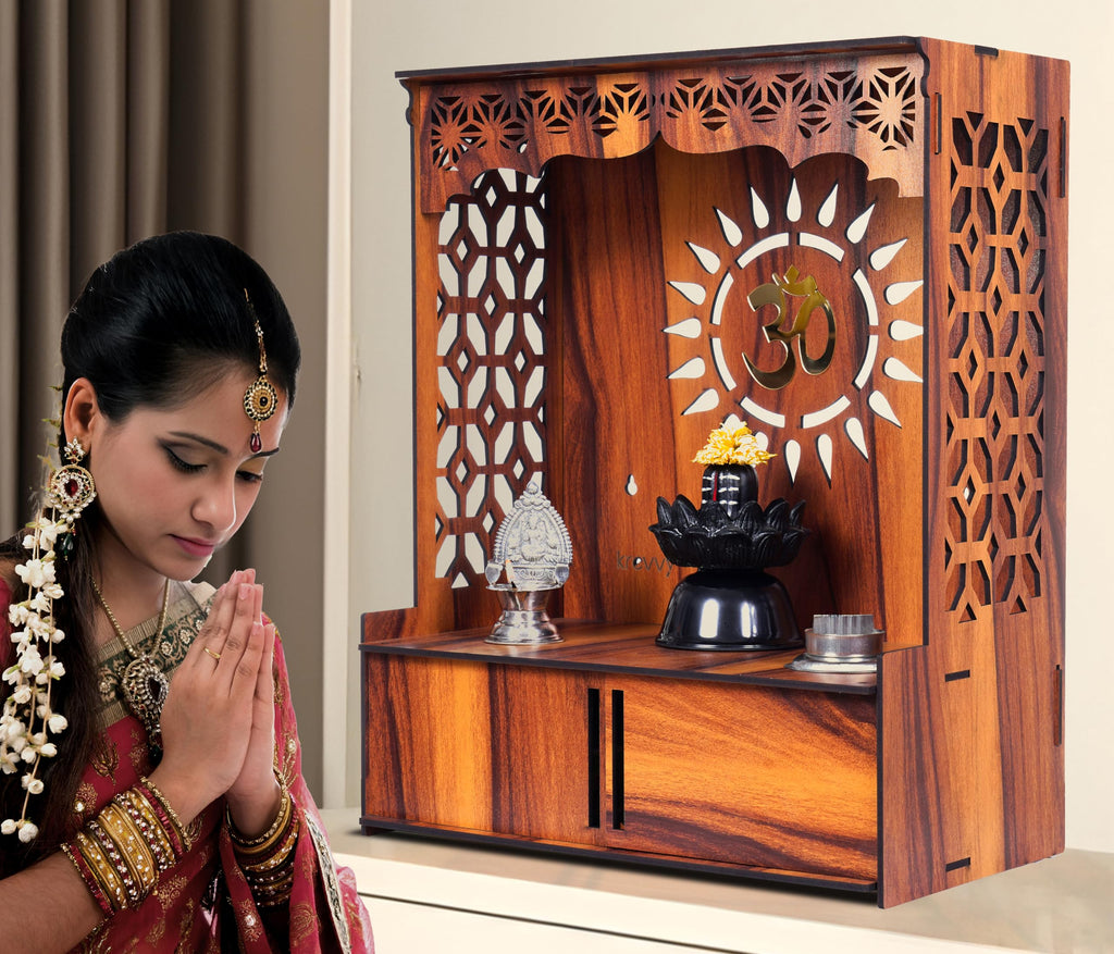 Krevvy Mandir for Home Small Size with Door | Compact Puja Mandir Temple | Assembly Required | Wall Mounted Wooden Temple for Home and Office with LED Light (H-18, L-16, W-8.5 inch)