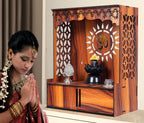 Krevvy Mandir for Home Small Size with Door | Compact Puja Mandir Temple | Assembly Required | Wall Mounted Wooden Temple for Home and Office with LED Light (H-18, L-16, W-8.5 inch)