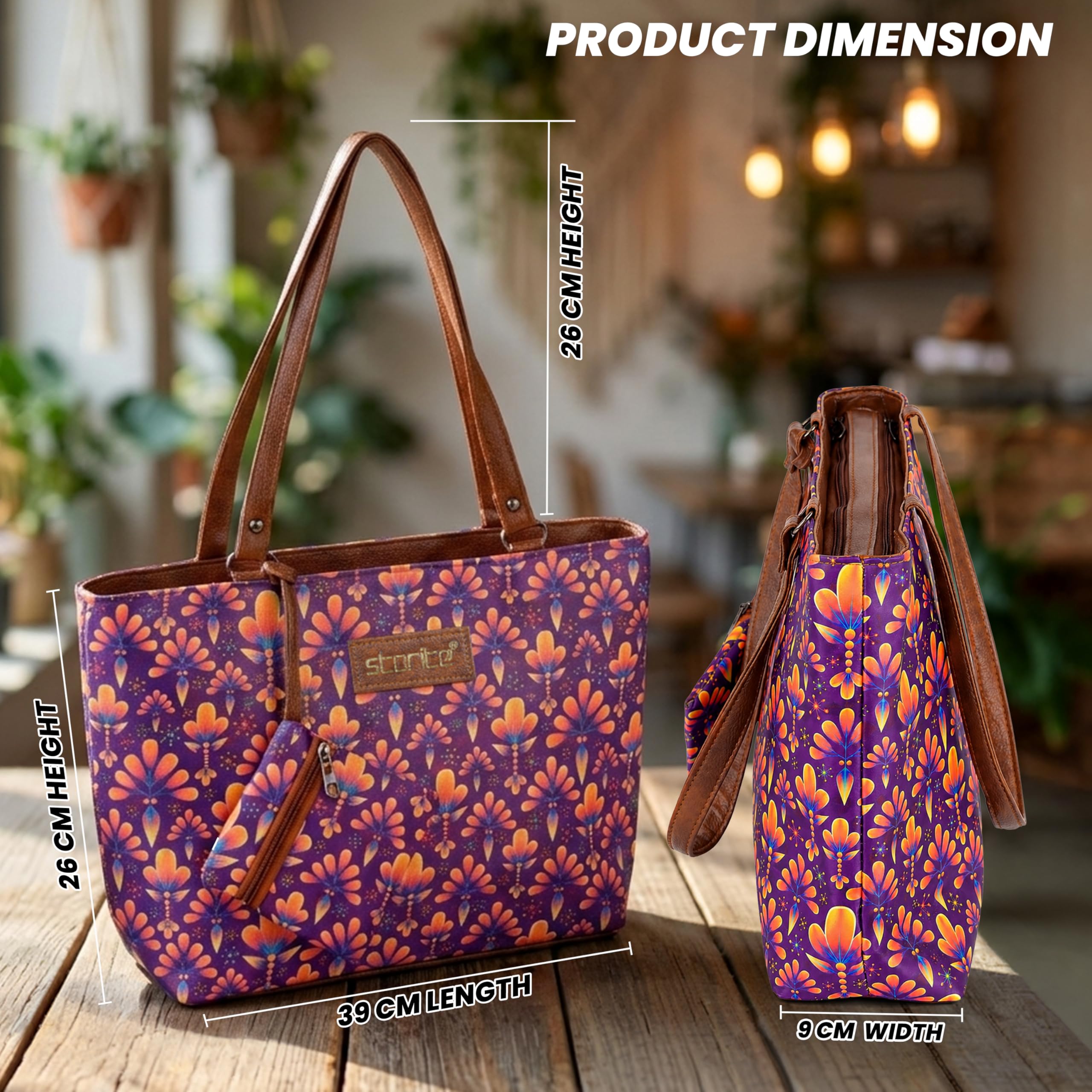 Storite Women’s Tote Bag with Pouch | Large Capacity Kashmir Blooms Printed Shoulder Handbag | Lightweight Travel Office Shopping College Carry Bag with PU Leather Handles - Purple