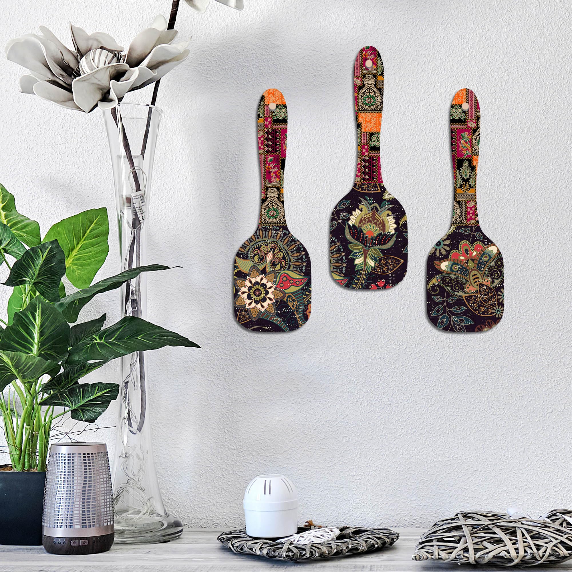 Artvibes Decorative Flower Art Spatula Shape Wall Hanging Decoration Item | Floral Art Decor Items | Wall Accent | Gift Items | Aesthetic Wooden Decor | Ethnic Wall Decor (WH_11003N), Set of 3