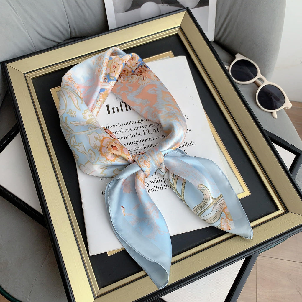 CrossKulture Ice Blue & Peach Poly Silken Feel Bandana Scarf for Women | Satin Feel | Floral Design | Soft & Lightweight Scarf | Square Scarf for Handbag | HeadBand, Bandana, Neck Scarf for Girls