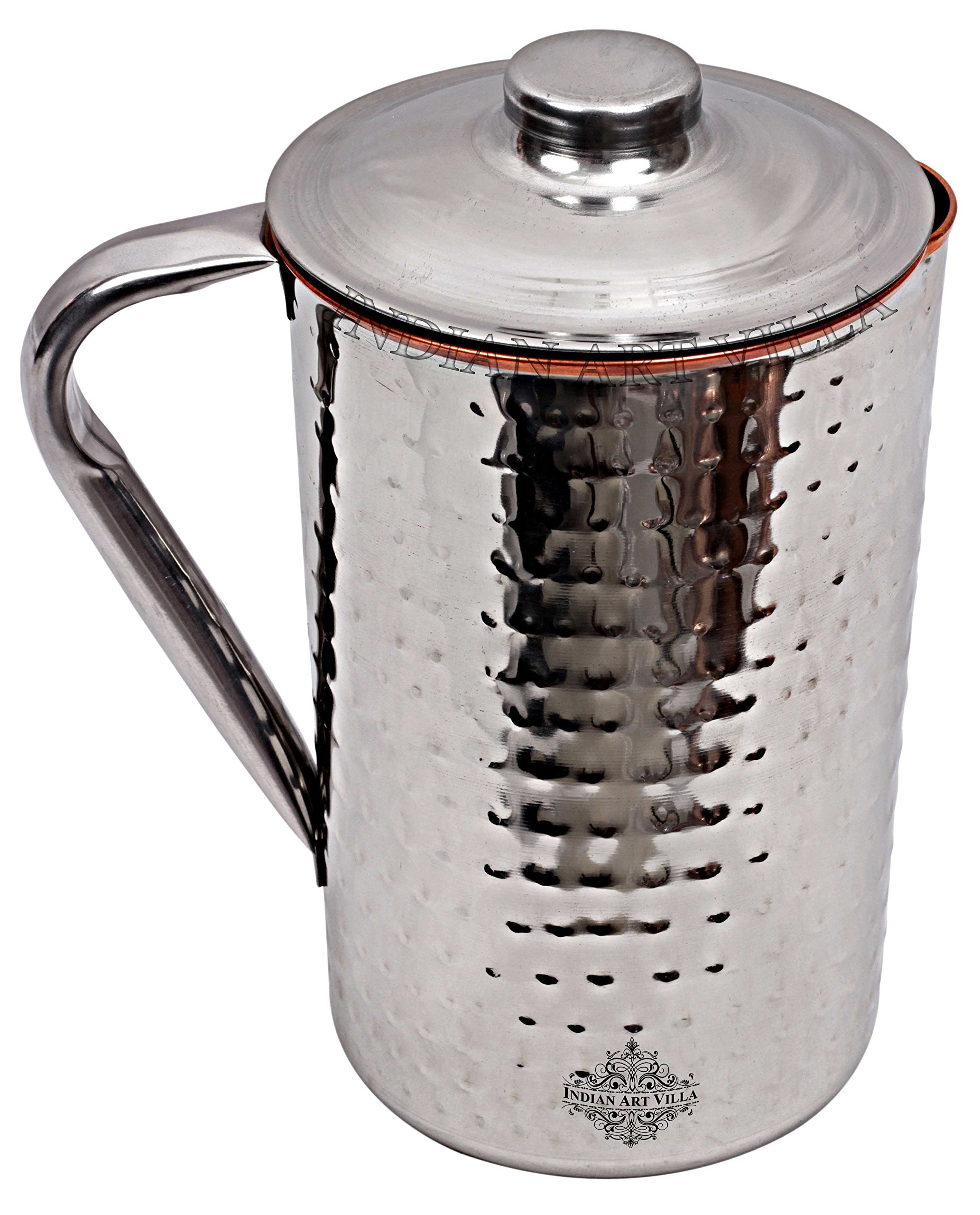 Indian Art Villa Steel Copper Hammered Design Carafes with Lid, Storage & Serving Water, Beneficial for Health, Volume-1000 ML