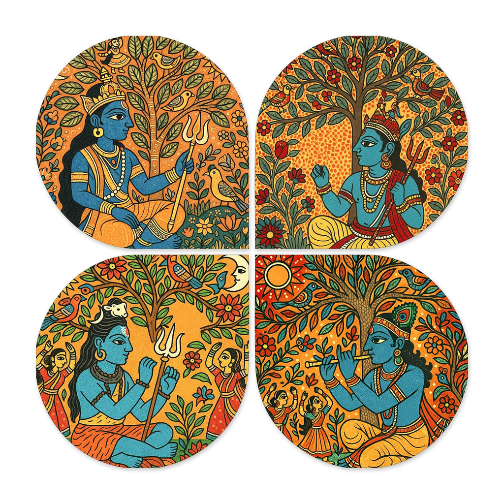 Artvibes Indian God Madhubani Art Decorative Wall Art MDF Wooden Wall Hanger for Home | Living Room | Scenery For Drawing Room | Wall Poster | Artworks Hangings | Unique Gift (WH_8450N), Set of 4