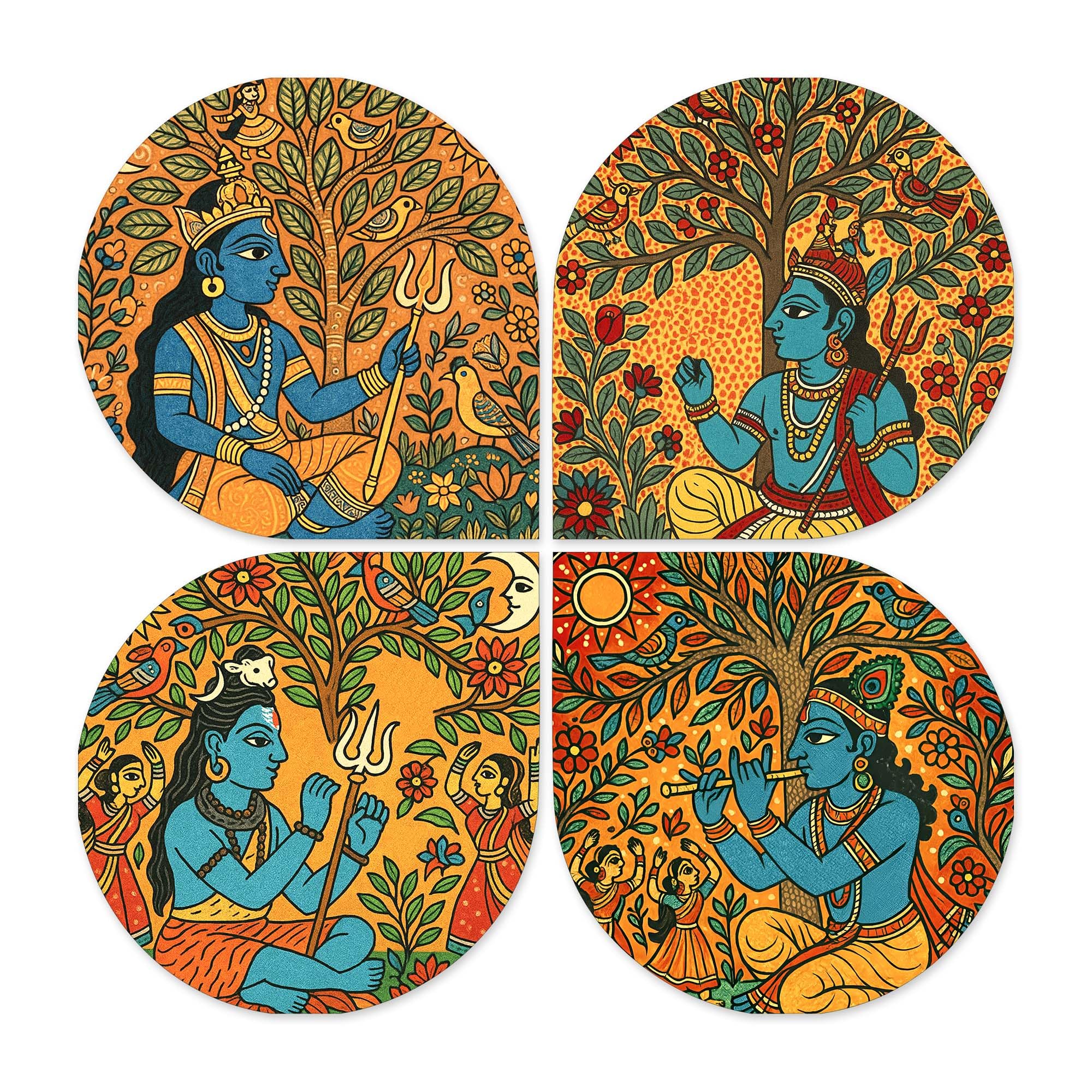 Artvibes Indian God Madhubani Art Decorative Wall Art MDF Wooden Wall Hanger for Home | Living Room | Scenery For Drawing Room | Wall Poster | Artworks Hangings | Unique Gift (WH_8450N), Set of 4