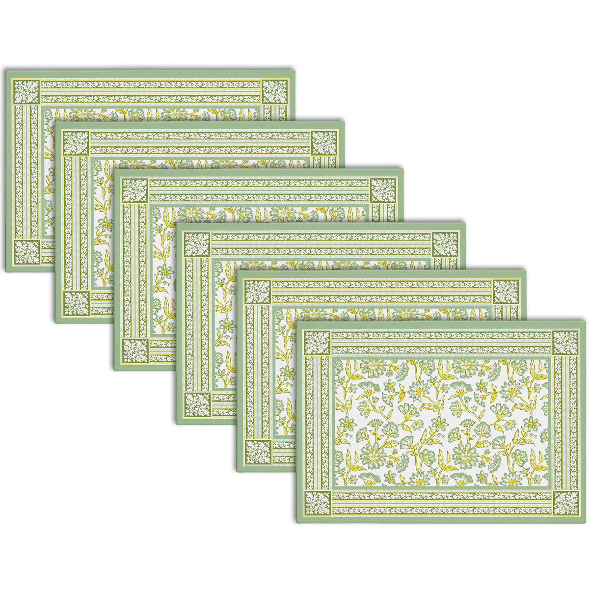 Encasa XO Block Printed Cotton Dining Table Placemats, Hand Print Sage-02 Kafalo