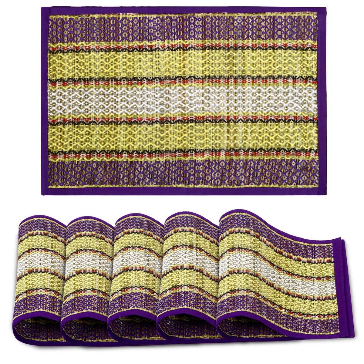 HOKIPO River Grass Handcrafted Madurkathi Mats For Dining Table Set Of 6 Placemats, 12X18 Inches, Purple Kafalo