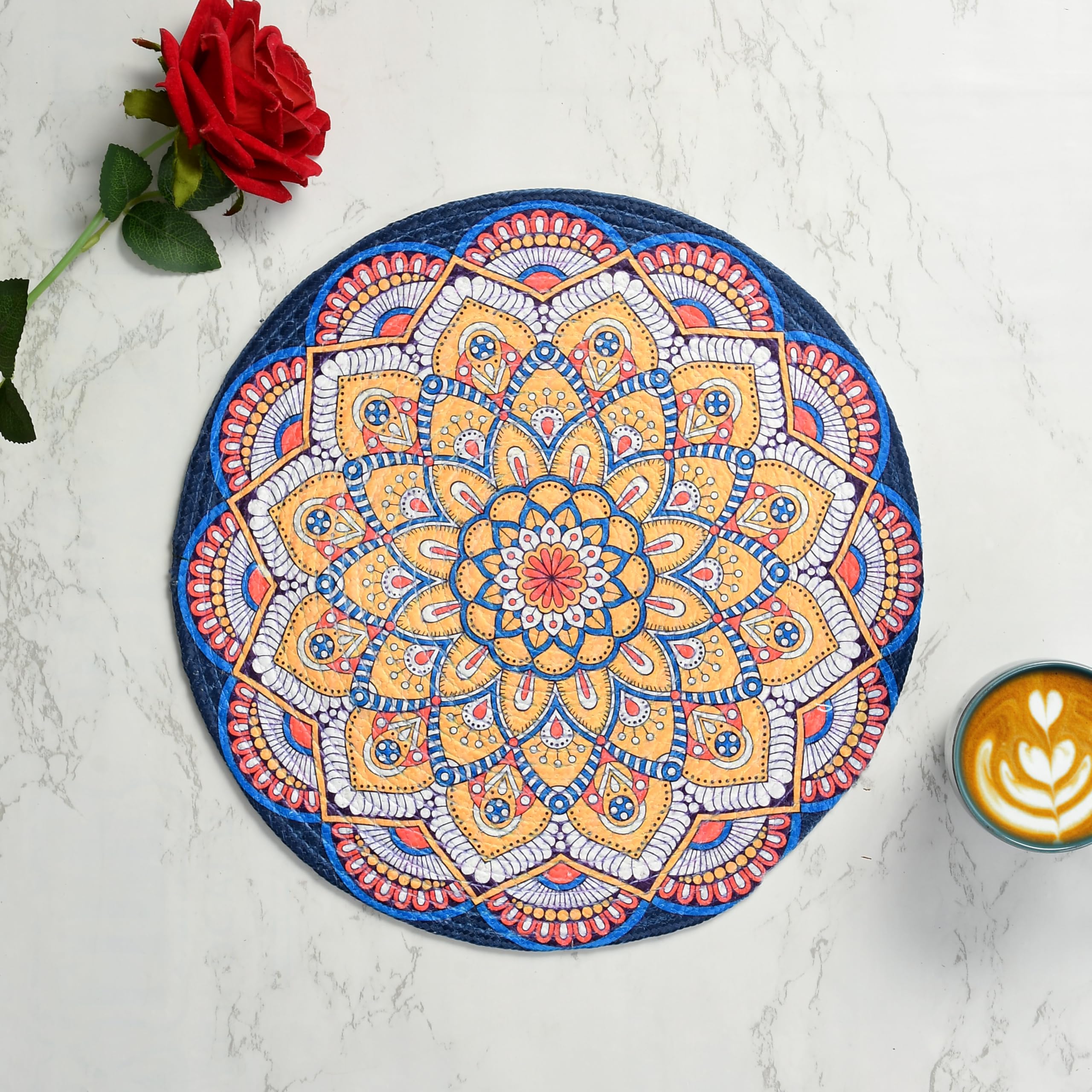 LaVichitra Cotton Table Placemat | Dining Table Mat | Bed Side Table Mat | Cotton Round Shape Placemats | Washable PlaceMat for Shelves & Plant Pots - Pack of 2, Mandala Art Kafalo