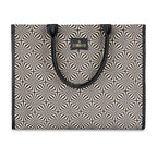 THE CLOWNFISH Opulence Series Multipurpose Handbag For Women Box Bag 14 inch Laptop Tote Printed Handicraft Fabric & Faux Leather Bag (Black-Geometric Design)
