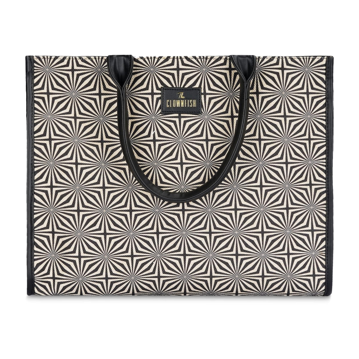 THE CLOWNFISH Opulence Series Multipurpose Handbag For Women Box Bag 14 inch Laptop Tote Printed Handicraft Fabric & Faux Leather Bag (Black-Geometric Design)