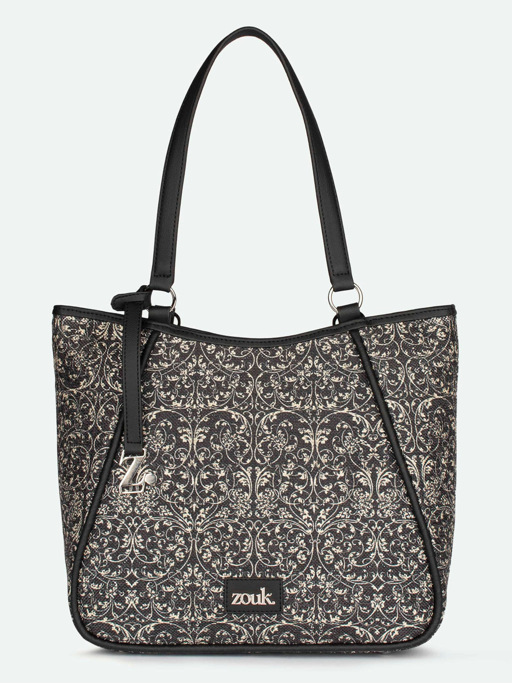 ZOUK Naisha Black Lace Tote Bag for Women | Vegan Leather Large Shoulder Handbag with Bottle Holder, Multiple Pockets & Water-Resistant Lining | Office, Travel & Daily Use | Lattice Lace