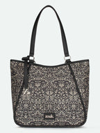 ZOUK Naisha Black Lace Tote Bag for Women | Vegan Leather Large Shoulder Handbag with Bottle Holder, Multiple Pockets & Water-Resistant Lining | Office, Travel & Daily Use | Lattice Lace