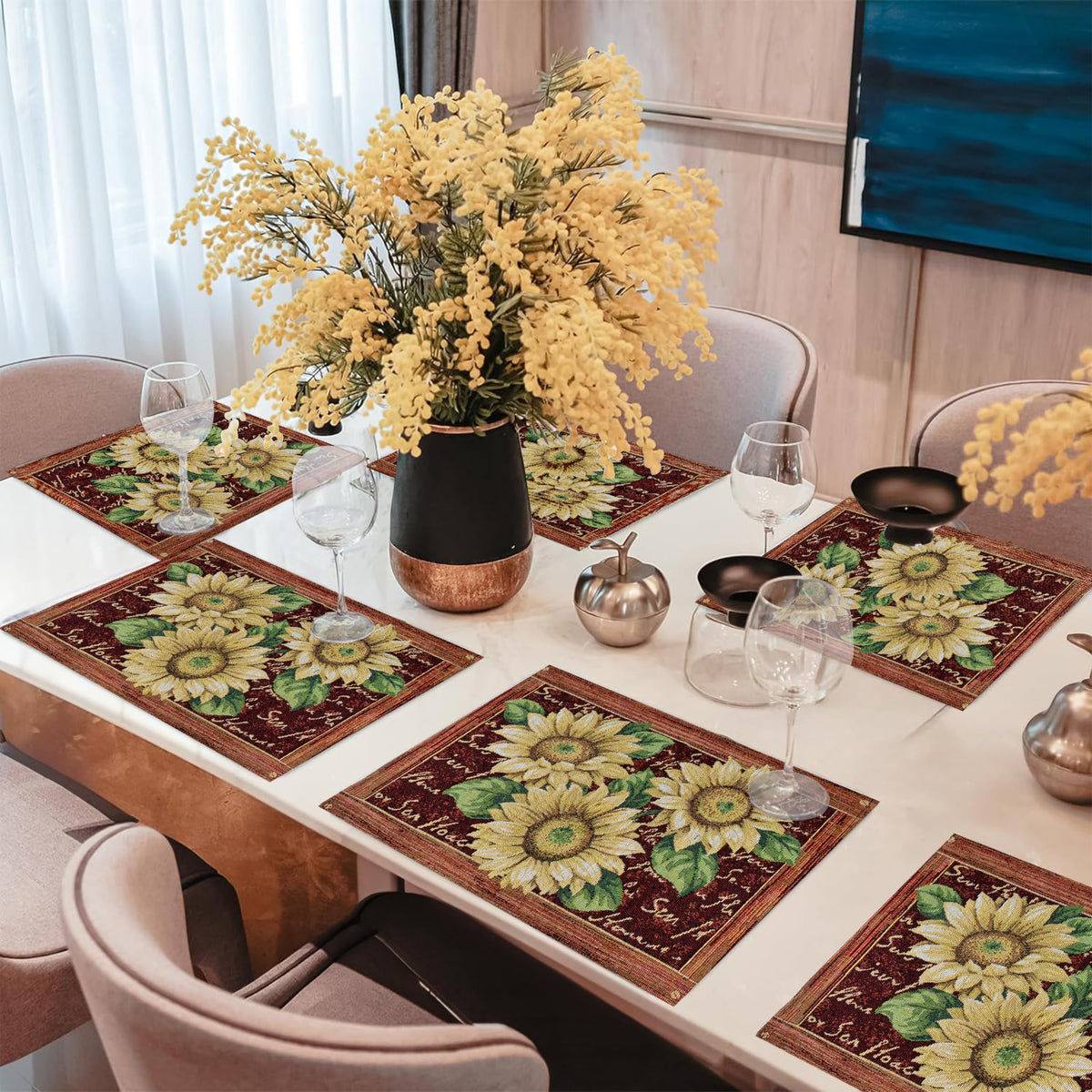 PRAKARTIK BY INDUARTS Sunflower Bloom Design Eco-Friendly Cotton Dining Rectangular Table mats - Reusable, Machine Washable, Everyday Use Yellow & Brown Placemats, Set of 6 (33x47 cm)