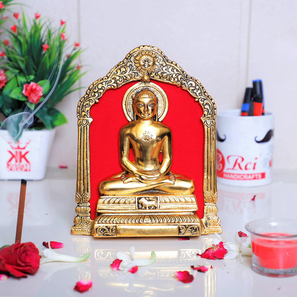 KridayKraft Metal Mahavir Swami Statue for Table & Wall Hanging Decorative for Home,Office,Gift for Having House Warming,Mahvir Swami Idol Showpiece Figurines..., Gold