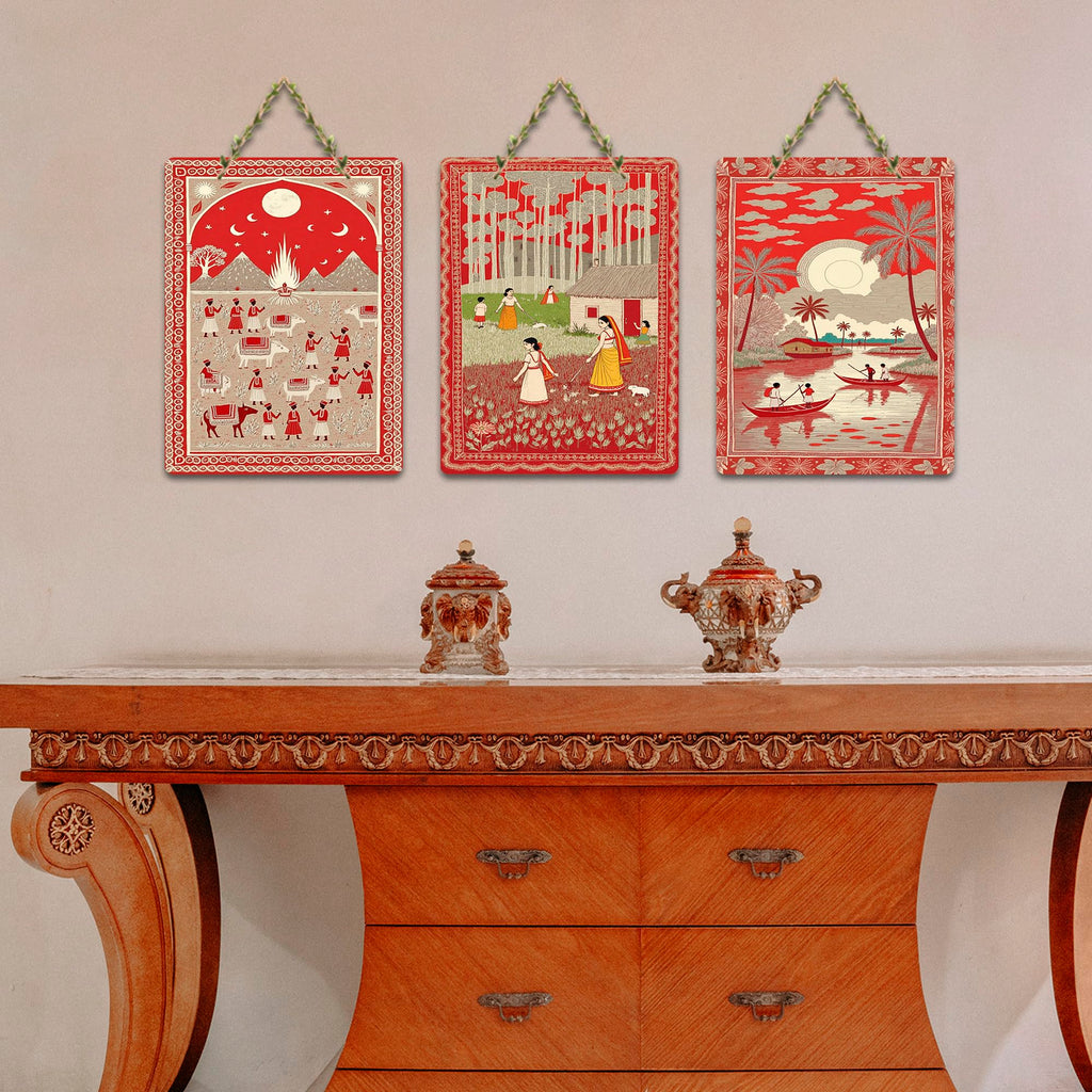 Artvibes Cultural Folk Life Wooden Wall Hanger for Home Decor | Festive Decor Art | Decoration Wall Hanging Items | Wall Sculpture | Wall Poster | Aesthetic Wall Art | Ideal Gift (WH_9673N), Set of 3